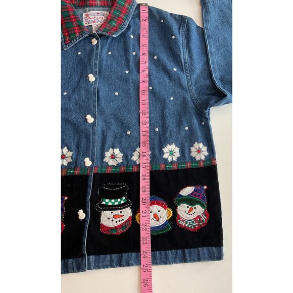 Vtg Tantrums Embroidered Christmas Denim Shirt Applique Snowmen Sz M - Picture 4 of 7